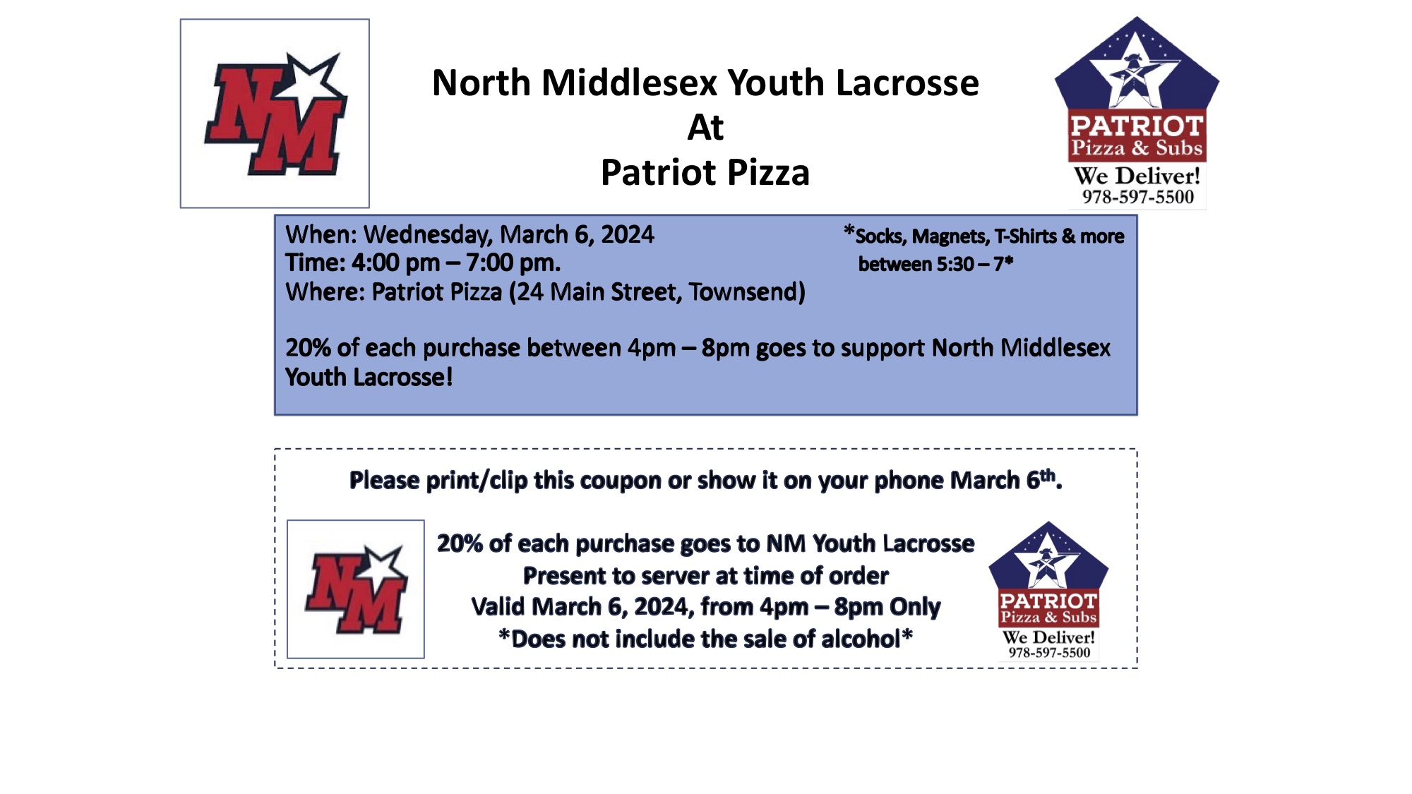 Patriot Pizza Fundraiser and Uniform Pick Up Night March 6th 4pm-7pm